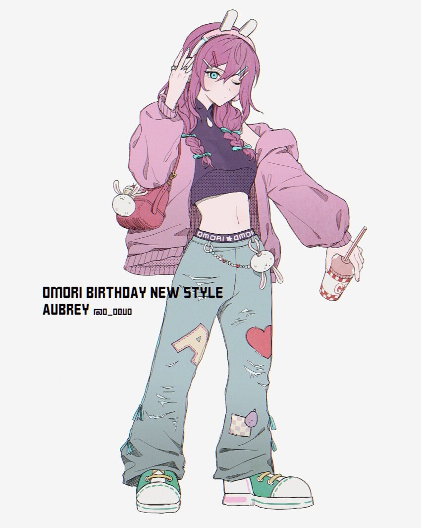 1girl, aubrey_(birthday)_(omori), aubrey_(faraway)_(omori), aubrey_(omori), blue_bow, blue_eyes, bow, breasts, character_name, closed_mouth, copyright_name, crop_top, cup, cupcake_bunny_(omori), denim, drinking_straw, forest_bunny?_(omori), full_body, hair_bow, hair_ornament, hairclip, headphones, highres, holding, holding_cup, jacket, jeans, long_hair, long_sleeves, low_twintails, navel, o_oquo, official_alternate_costume, official_alternate_hairstyle, omori, one_eye_closed, pants, pink_jacket, shoes, small_breasts, sneakers, solo, twintails, twitter_username, white_background