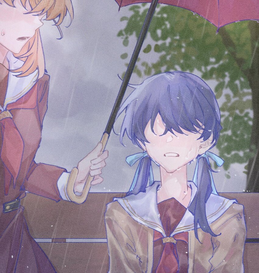 2girls, blue_ribbon, breasts, brown_cardigan, brown_dress, cardigan, clenched_teeth, commentary