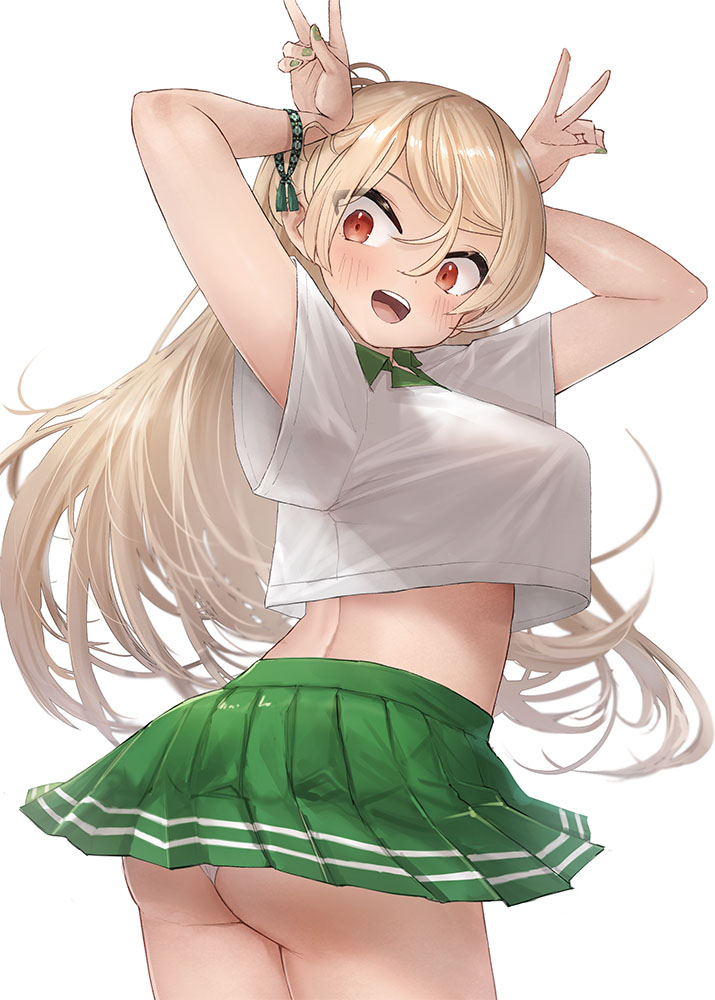 1girl, alternate_costume, blush, breasts, brown_eyes, conte_di_cavour_(kancolle), cosplay, covered_underboob, green_skirt, kantai_collection, large_breasts, long_hair, looking_at_viewer, minneapolis_(kancolle), minneapolis_(tennis)_(kancolle), minneapolis_kai_(kancolle), open_mouth, panties, polo_shirt, shirt, skirt, smile, solo, sportswear, tennis_court, tennis_skirt, tennis_uniform, toka_(marchlizard), two_side_up, underwear, white_panties