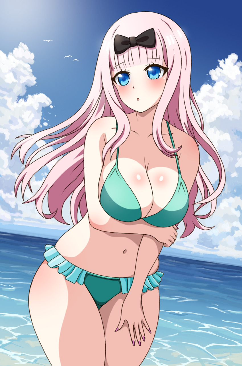 1girl, bikini, bird, bird_(artist), black_bow, blue_eyes, blue_sky, blush, bow, breasts, cloud, fingernails, fujiwara_chika, highres, kaguya-sama_wa_kokurasetai_~tensai-tachi_no_renai_zunousen~, large_breasts, pink_hair, pink_nails, seagull, sky, swimsuit, water
