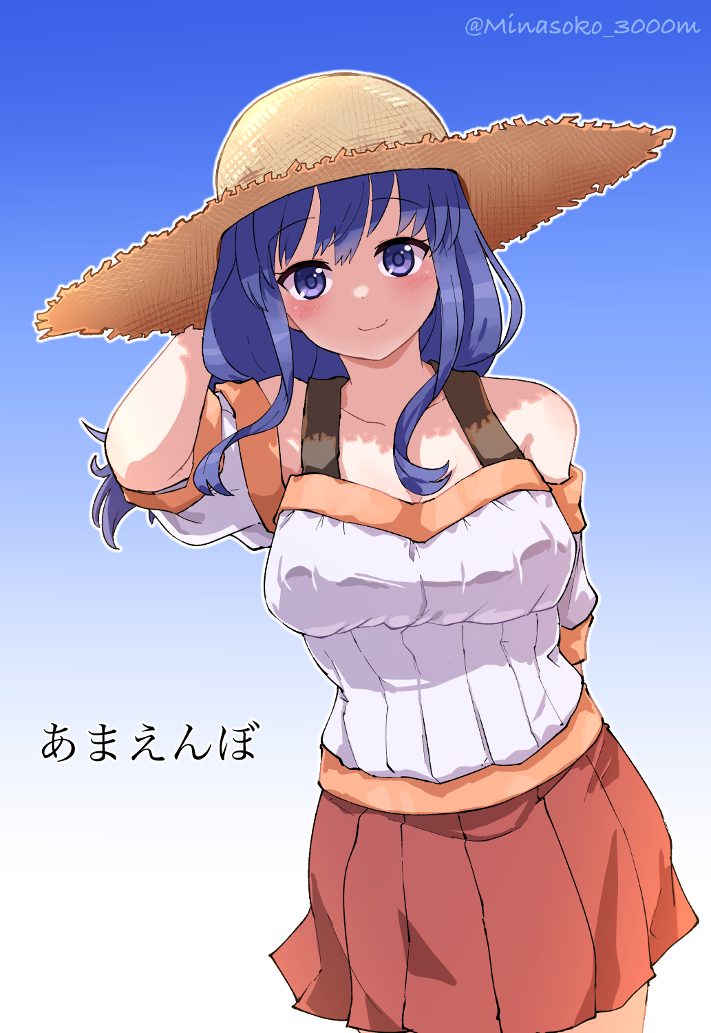 1girl, arm_up, artist_name, blue_background, blue_hair, breasts, gradient_background, hat