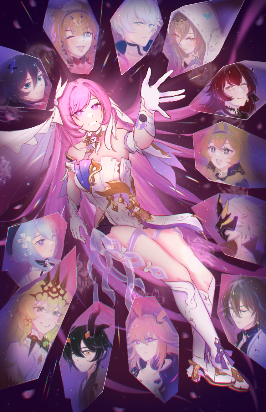 1girl, absurdres, aponia, aqxin, black_shorts, breasts, commentary, corset, crystal_shards, diamond-shaped_pupils, diamond_(shape), eden_(honkai_impact), elysia_(herrscher_of_human:_ego)_(honkai_impact), elysia_(honkai_impact), english_commentary, fu_hua, gloves, griseo, griseo_(starry_impression), highres, honkai_(series), honkai_impact_3rd, kalpas_(honkai_impact), kevin_kaslana, kosma, long_hair, mobius_(honkai_impact), pardofelis, pink_hair, purple_eyes, shorts, signet_of_bodhi, signet_of_daybreak, signet_of_decimation, signet_of_deliverance, signet_of_discipline, signet_of_ego, signet_of_gold, signet_of_helix, signet_of_reverie, signet_of_setsuna, signet_of_stars, sky, smile, solo, star_(sky), starry_sky, su_(honkai_impact), symbol-shaped_pupils, thighs, thirteen_flame-chasers_(honkai_impact), triquetra, veil, very_long_hair, vill-v, white_corset, white_gloves, white_veil, yae_sakura, yae_sakura_(goushinnso_memento)