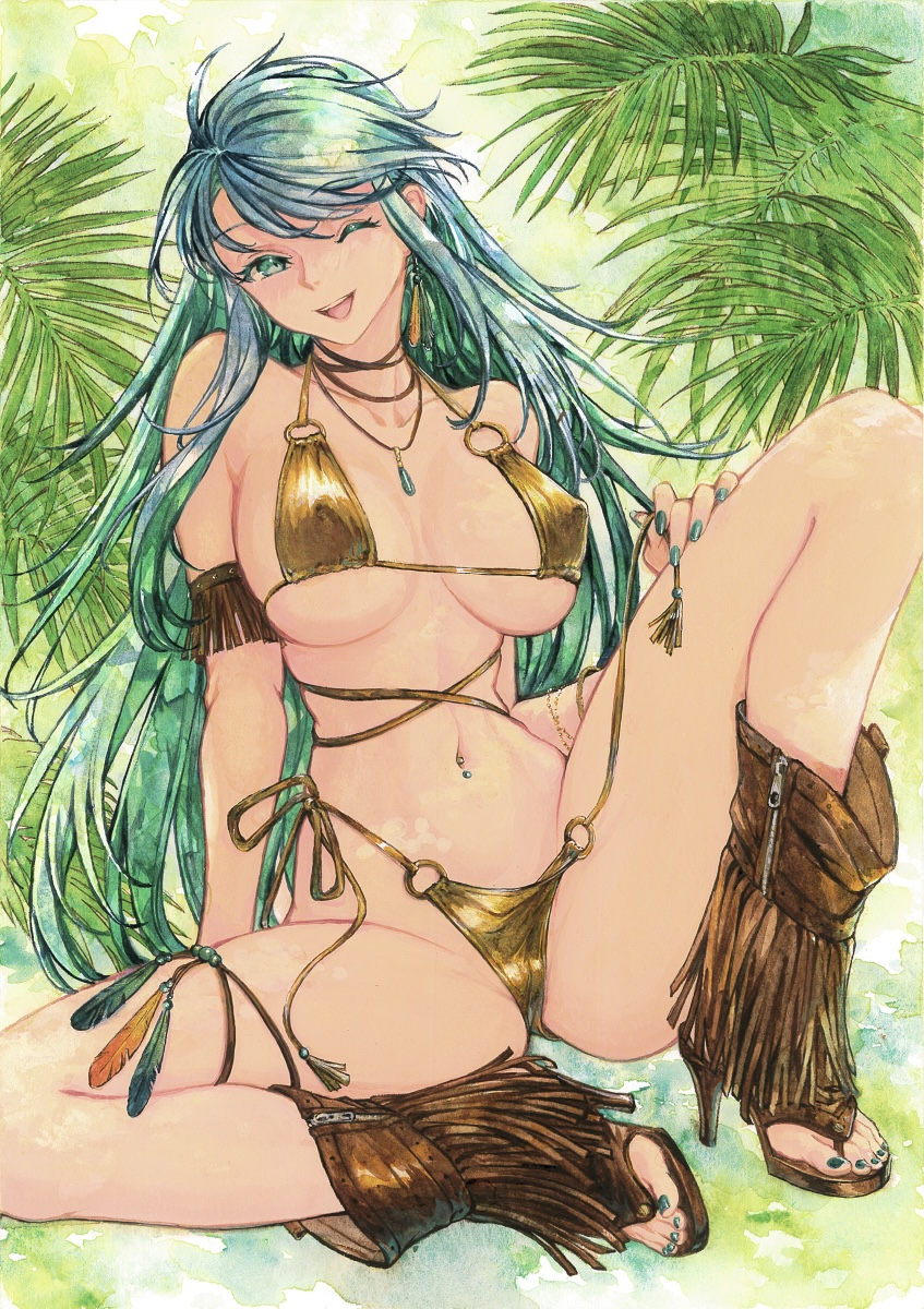 1girl, bikini, bracelet, breasts, chikinan_tarou, colored_inner_hair, crystal_hair, earrings, fate/grand_order, fate_(series), feather_earrings, feathers, fern, gold_bikini, green_eyes, green_hair, high_heel_sandals, high_heels, highres, jewelry, kukulkan_(fate), large_breasts, long_hair, looking_at_viewer, multicolored_hair, navel_piercing, necklace, one_eye_closed, painting_(medium), piercing, sandals, smile, spread_legs, swimsuit, tassel, thighs, traditional_media, undressing, watercolor_(medium)
