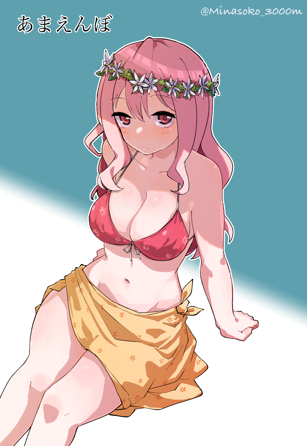 1girl, artist_name, bikini, breasts, head_wreath, highres, long_hair, medium_breasts