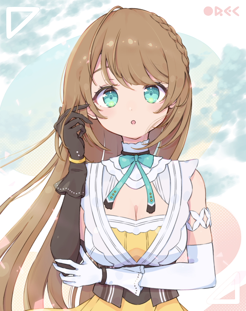 1girl, absurdres, aogiri_koukou, aqua_eyes, asymmetrical_gloves, black_gloves, breasts, brown_hair