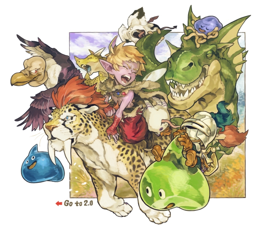 1boy, 6+others, aburaya_tonbi, blonde_hair, border, closed_eyes, colored_skin, commentary_request