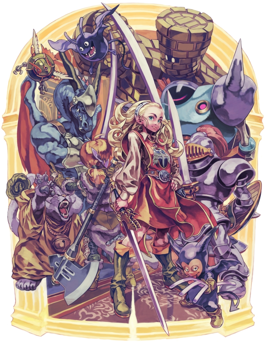 1girl, 6+others, aburaya_tonbi, anlucea, aqua_eyes, armor, axe, black_pants