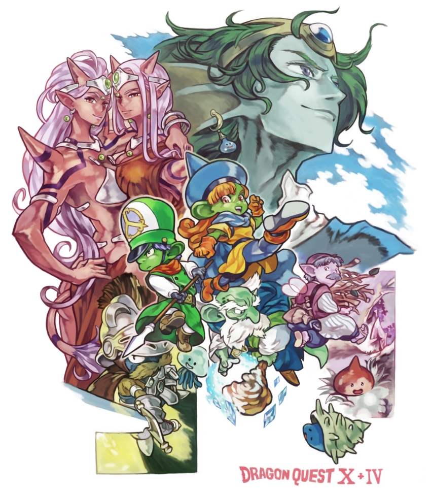 3girls, 3others, 4boys, aburaya_tonbi, alena_(dq4), alena_(dq4)_(cosplay), aqua_skin, arm_around_shoulder