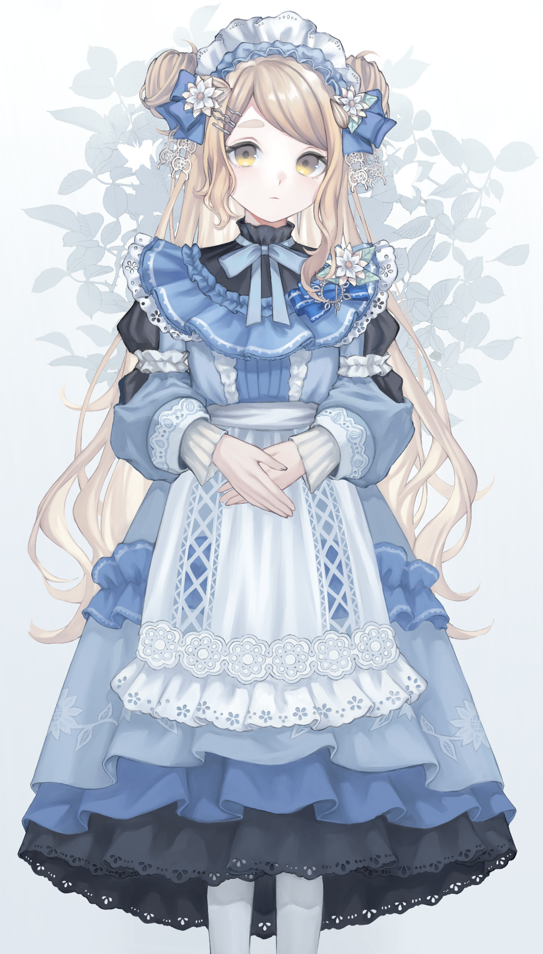1girl, apron, blonde_hair, blue_bow, blue_dress, blue_ribbon, bow, closed_mouth