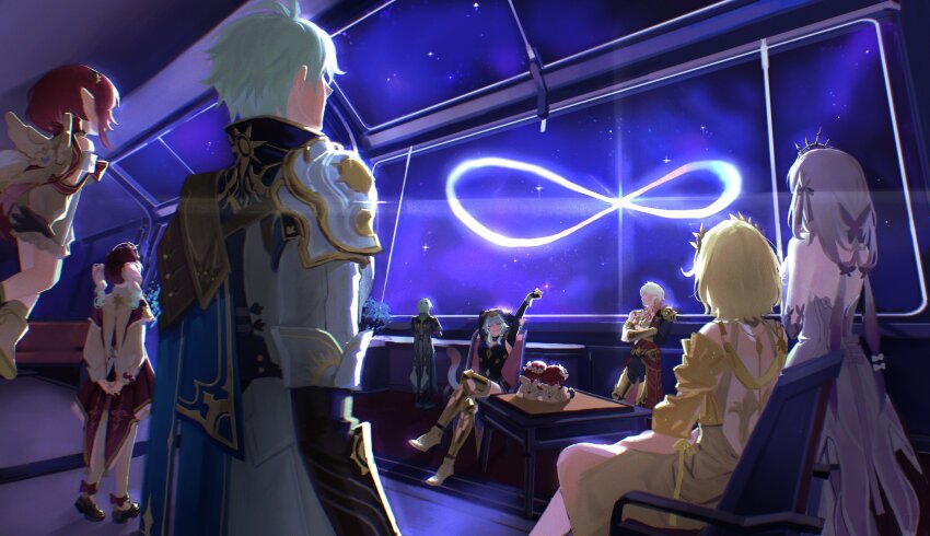 35684187031, 3boys, 5boys, absurdres, aglaea_(honkai:_star_rail), anaxa_(honkai:_star_rail), aqua_hair, back