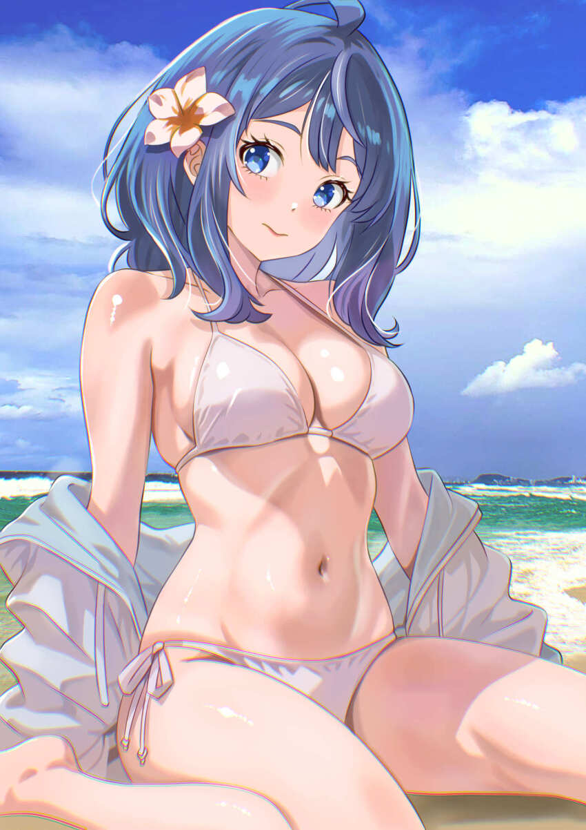 1girl, ahoge, beach, bikini, blue_eyes, blue_hair, blue_sky, breasts