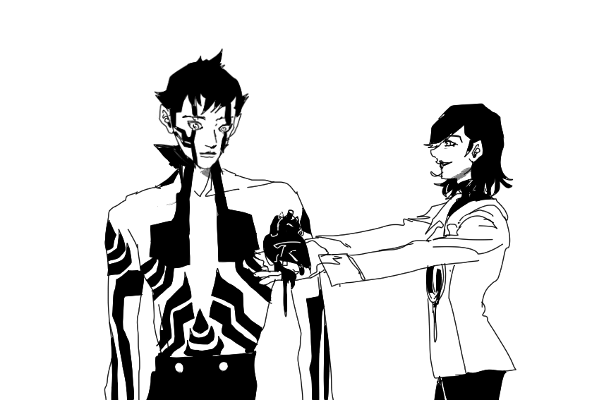 1boy, 1girl, blood, body_markings, coat, demi-fiend, from_side, full-body_tattoo