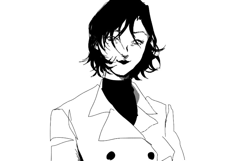 1girl, buttons, coat, floating_hair, jacket, lipstick, makeup, monochrome, nejikoujyouo, shin_megami_tensei, shin_megami_tensei_iii:_nocturne, short_hair, sketch, smile, solo, takao_yuko, turtleneck, white_background