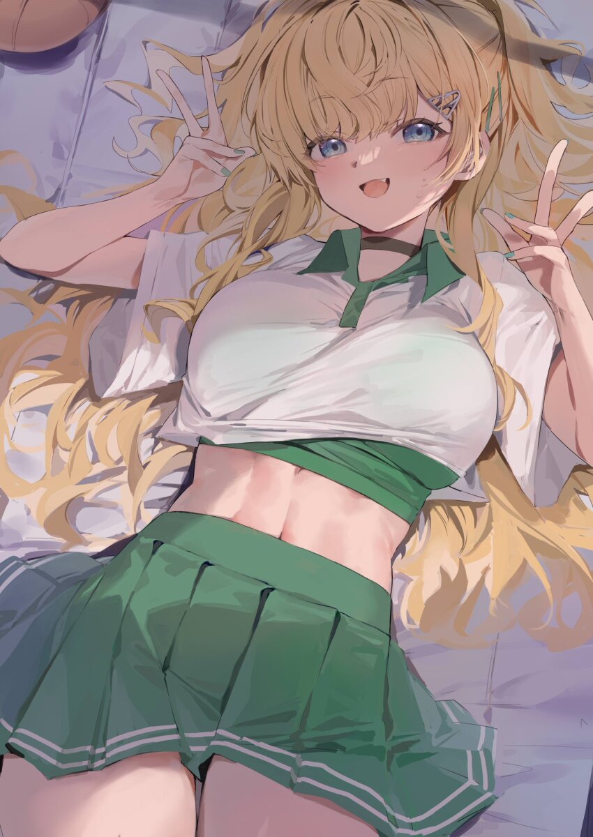 1girl, blonde_hair, breasts, contrast_collar, covered_underboob, cowboy_shot, double_v, green_shorts