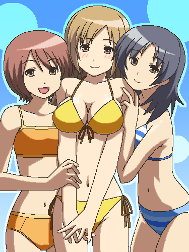 00s, 3girls, atsuko_(minami-ke), awa, bikini, black_hair, blonde_hair, brown_eyes