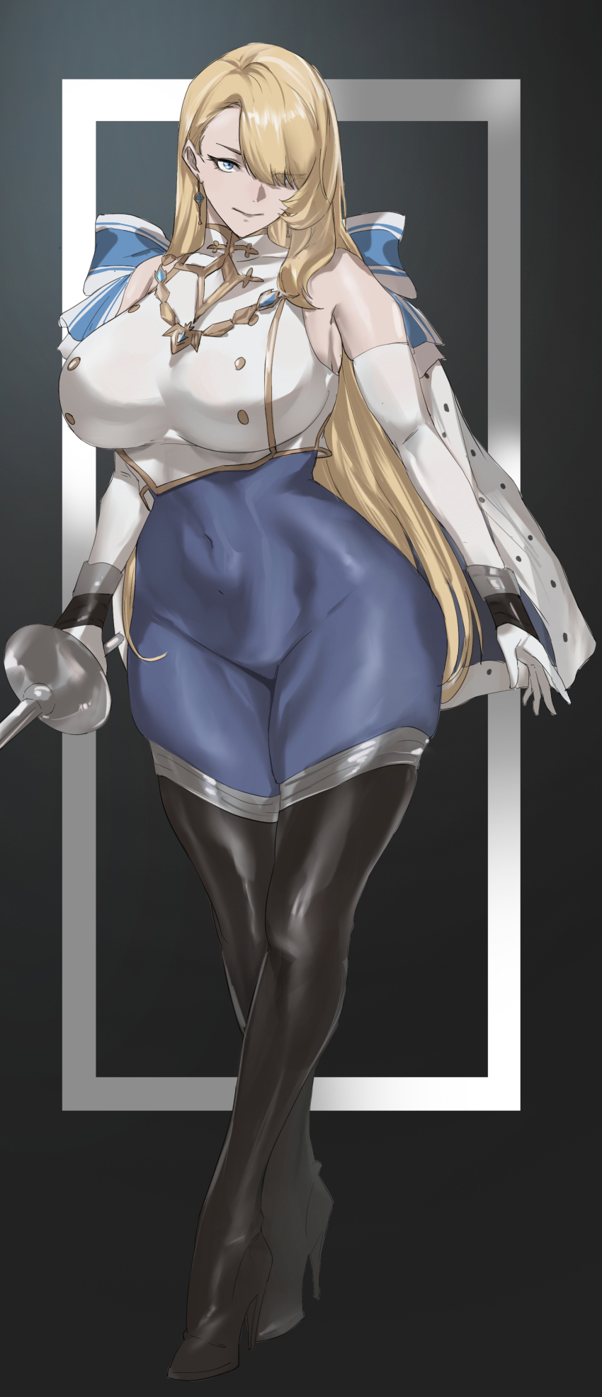 1girl, absurdres, bare_shoulders, black_boots, blonde_hair, blue_cape, blue_eyes, bodystocking, boots, breasts, brown_dust_(series), brown_dust_2, buttons, cape, chinese_commentary, closed_mouth, commentary_request, commission, covered_navel, crossed_legs, double-breasted, earrings, elbow_gloves, full_body, gloves, hair_between_eyes, hair_over_one_eye, high_heel_boots, high_heels, highres, holding, holding_sword, holding_weapon, jewelry, large_breasts, long_hair, looking_at_viewer, rapier, second-party_source, shirt, shoulder_ribbon, single_sidelock, skin_tight, skindentation, sleeveless, sleeveless_shirt, solo, standing, sword, taiyang_yu, thigh_boots, very_long_hair, watson_cross, weapon, white_gloves, white_shirt, wide_hips, wilhelmina_(brown_dust)