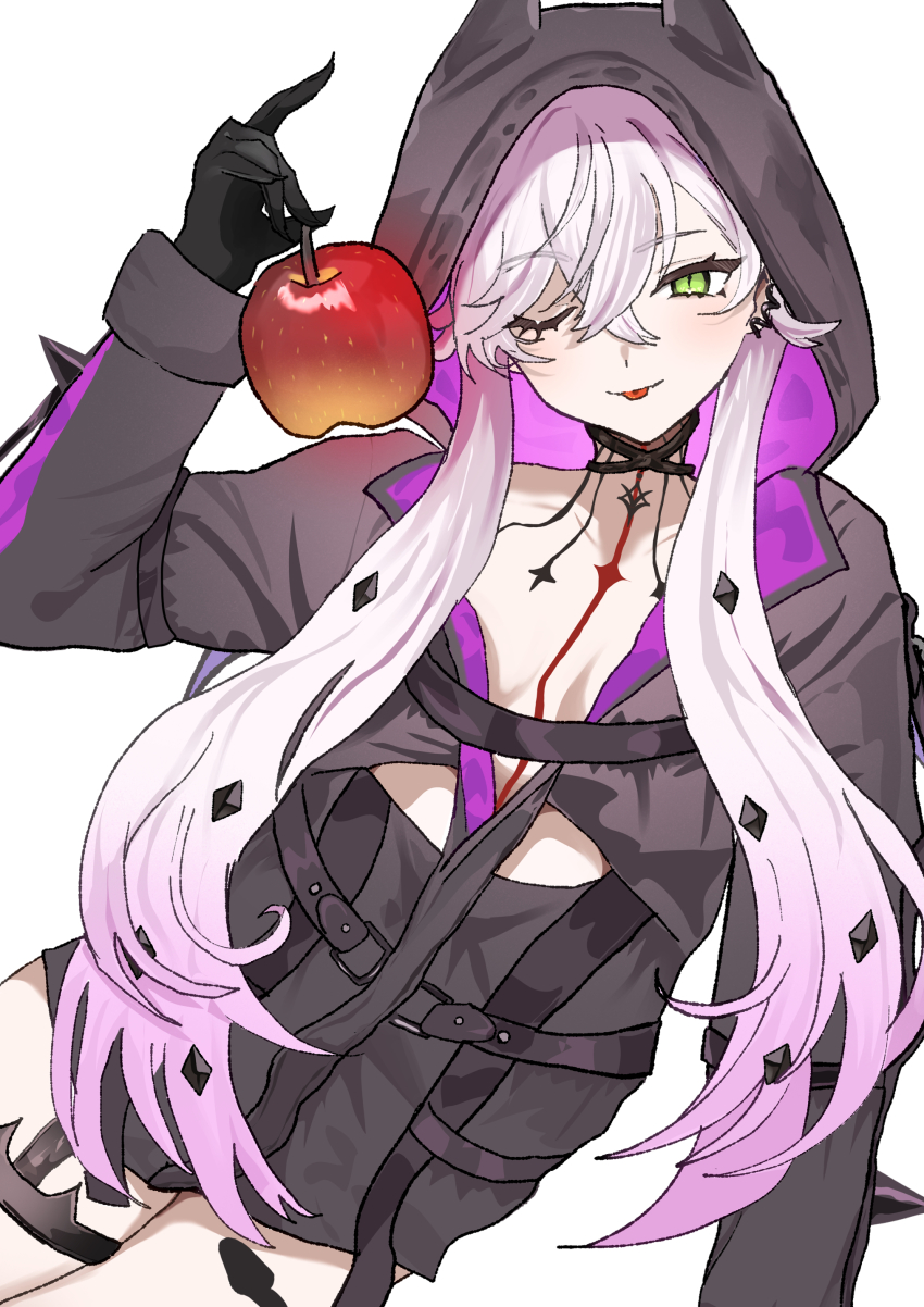 1girl, absurdres, apple, black_hands, black_jacket, blush, body_markings, breasts