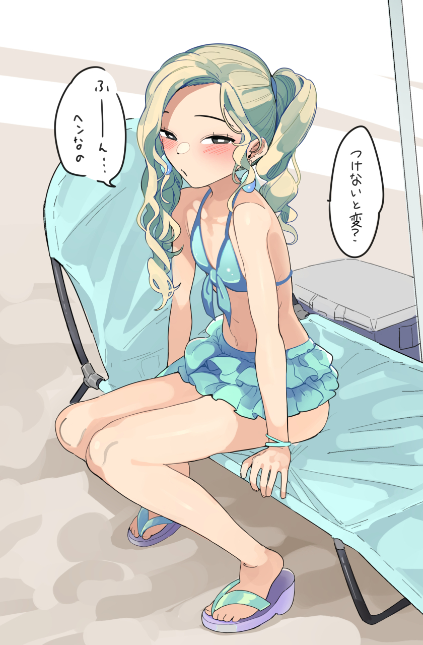 1boy, bikini, bishounen, blonde_hair, blue_bikini, bracelet, crossdressing, crossdressing_(mtf)