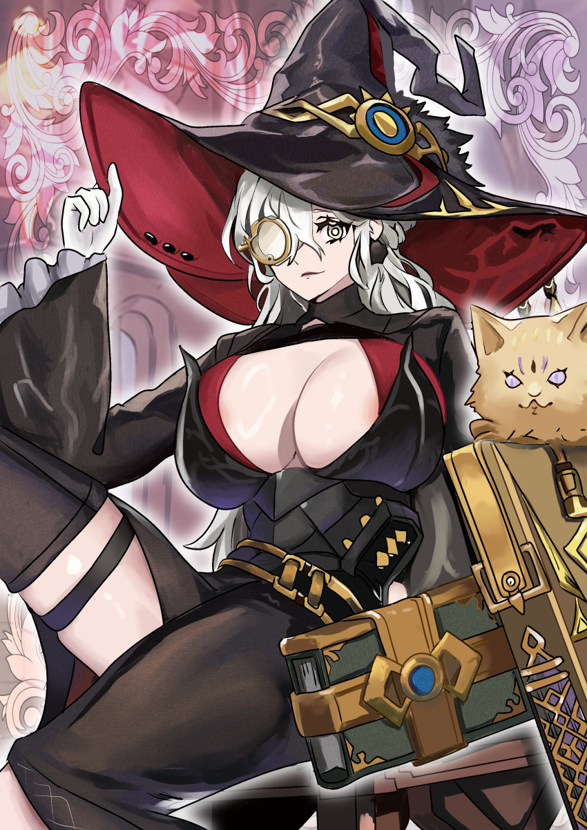 1girl, 1other, absurdres, black_dress, black_thighhighs, book, breasts, cat