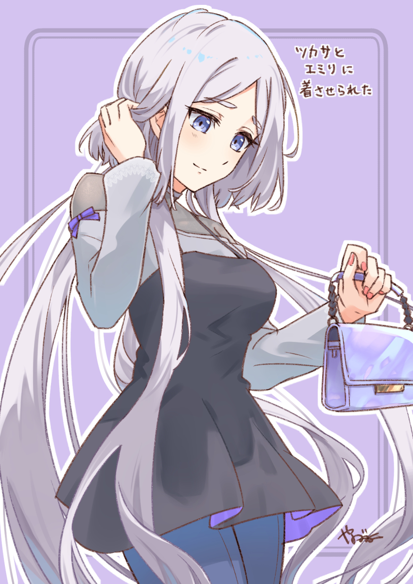 1girl, bag, black_dress, blue_eyes, blue_pants, breasts, commentary_request, cowboy_shot