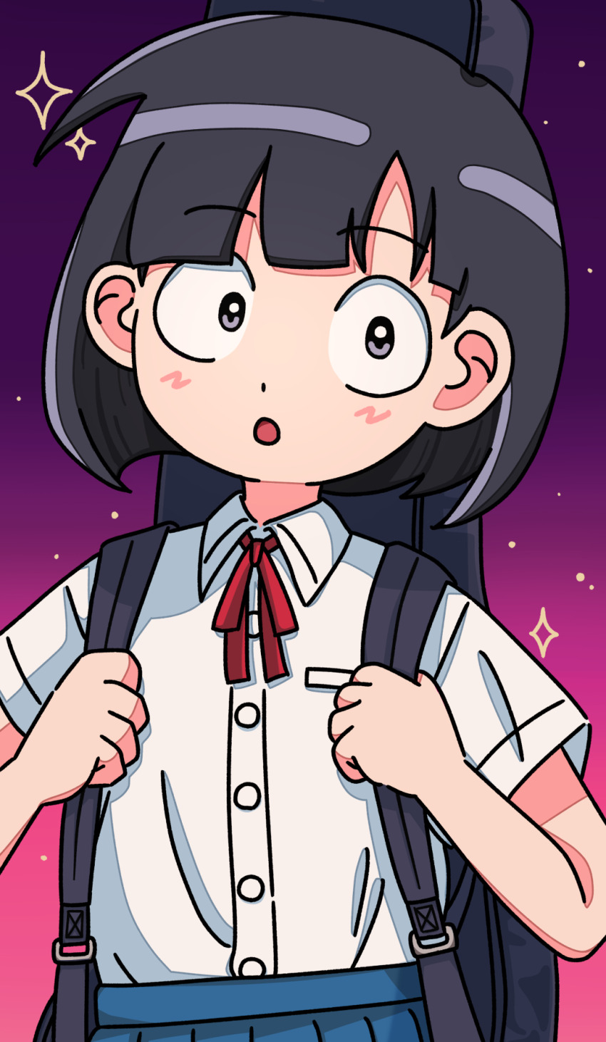 1girl, :o, black_hair, blue_skirt, blush, bob_cut, breast_pocket, collared_shirt