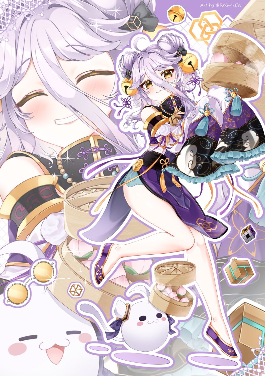 1girl, absurdres, ahoge, breasts, closed_eyes, detached_sleeves, double_bun, fujishiro_kazuha