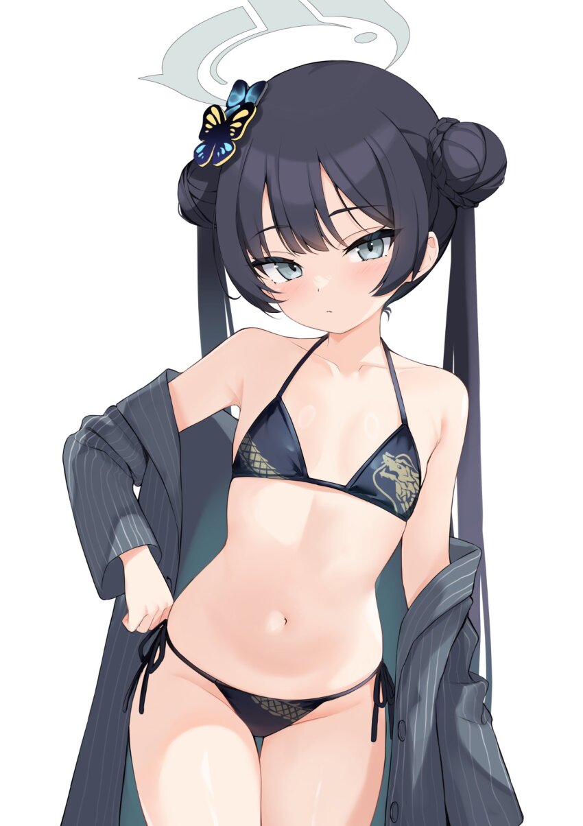 1girl, bikini, black_bikini, black_hair, blue_archive, braid, braided_bun, butterfly_hair_ornament
