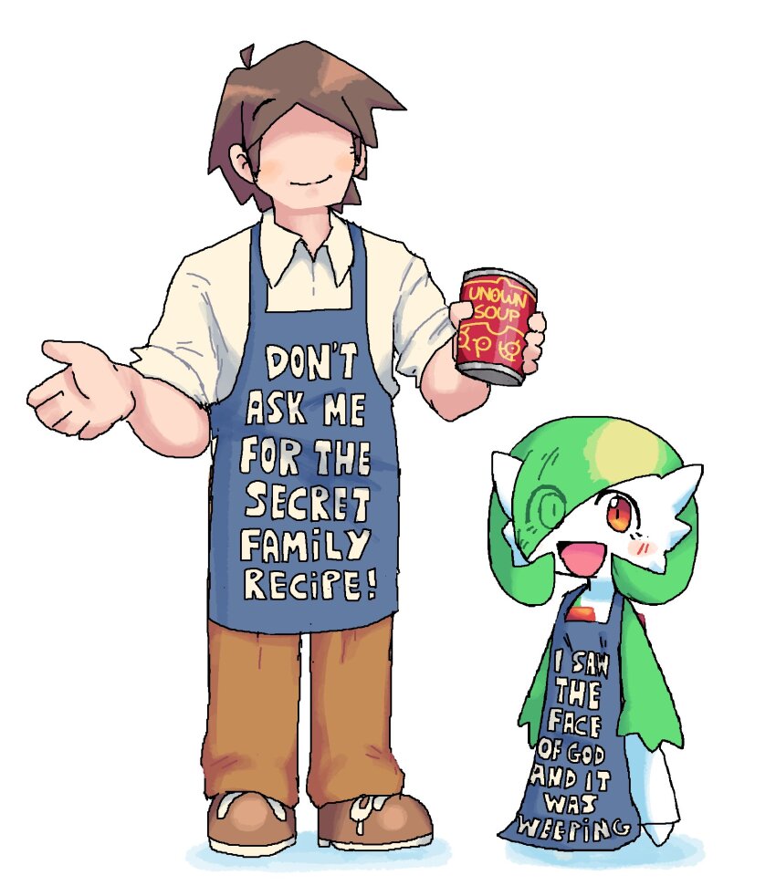 1boy, 1other, :d, apron, blue_apron, blush_stickers, brown_hair, brown_pants, brown_shoes, can, canned_soup, closed_mouth, clothes_writing, colored_skin, english_text, eyes_visible_through_hair, food, full_body, gardevoir, gen_2_pokemon, gen_3_pokemon, green_hair, green_skin, hair_over_one_eye, highres, holding, holding_can, looking_at_viewer, melfunnysmell, nintendo, no_eyes, open_mouth, pants, pokemon, red_eyes, shirt, shoes, short_hair, simple_background, size_difference, sleeves_rolled_up, smile, soup, standing, unown, white_background, white_shirt, white_skin