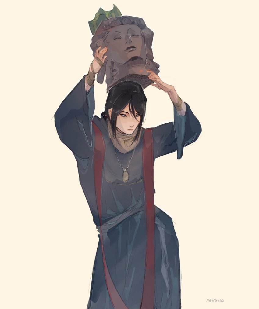 116116116el, 1girl, black_hair, blue_robe, bright_pupils, closed_mouth, commentary, contrapposto