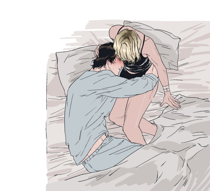 1boy, 1girl, animification, blonde_hair, blush, breasts, brown_hair, highres