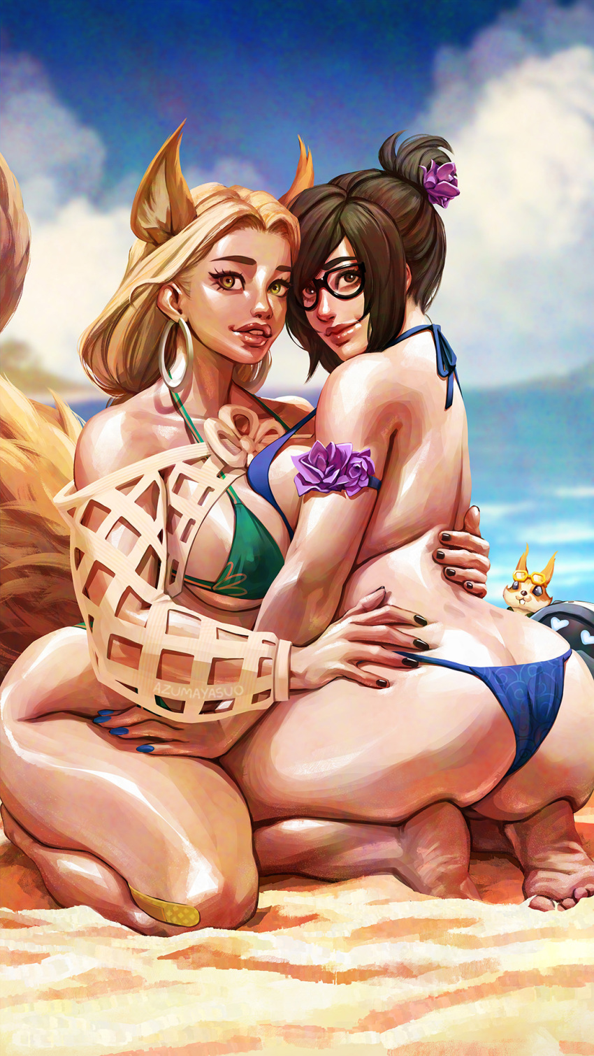 2girls, animal_ears, ass, azuma_yasuo, beach, bikini, black_nails, blonde_hair