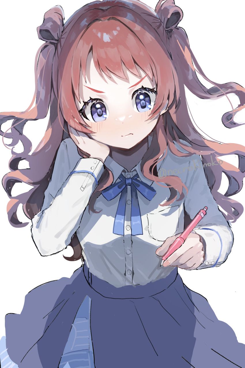 1girl, absurdres, blue_bow, blue_skirt, bow, breast_pocket, breasts, check_commentary