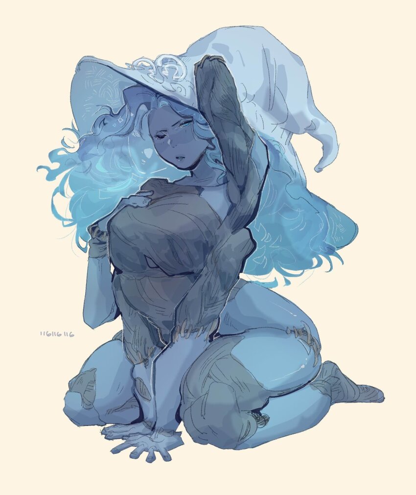 116116116el, 1girl, arm_up, armpits, blue_eyes, blue_hair, blue_skin, colored_skin, doll_joints, elden_ring, extra_arms, extra_faces, facing_viewer, hand_in_own_hair, hand_on_ground, hand_on_own_chest, hat, highres, joints, long_hair, looking_to_the_side, one_eye_closed, presenting_armpit, ranni_the_witch, rope, signature, simple_background, sitting, solo, very_long_hair, wariza, wavy_hair, witch_hat