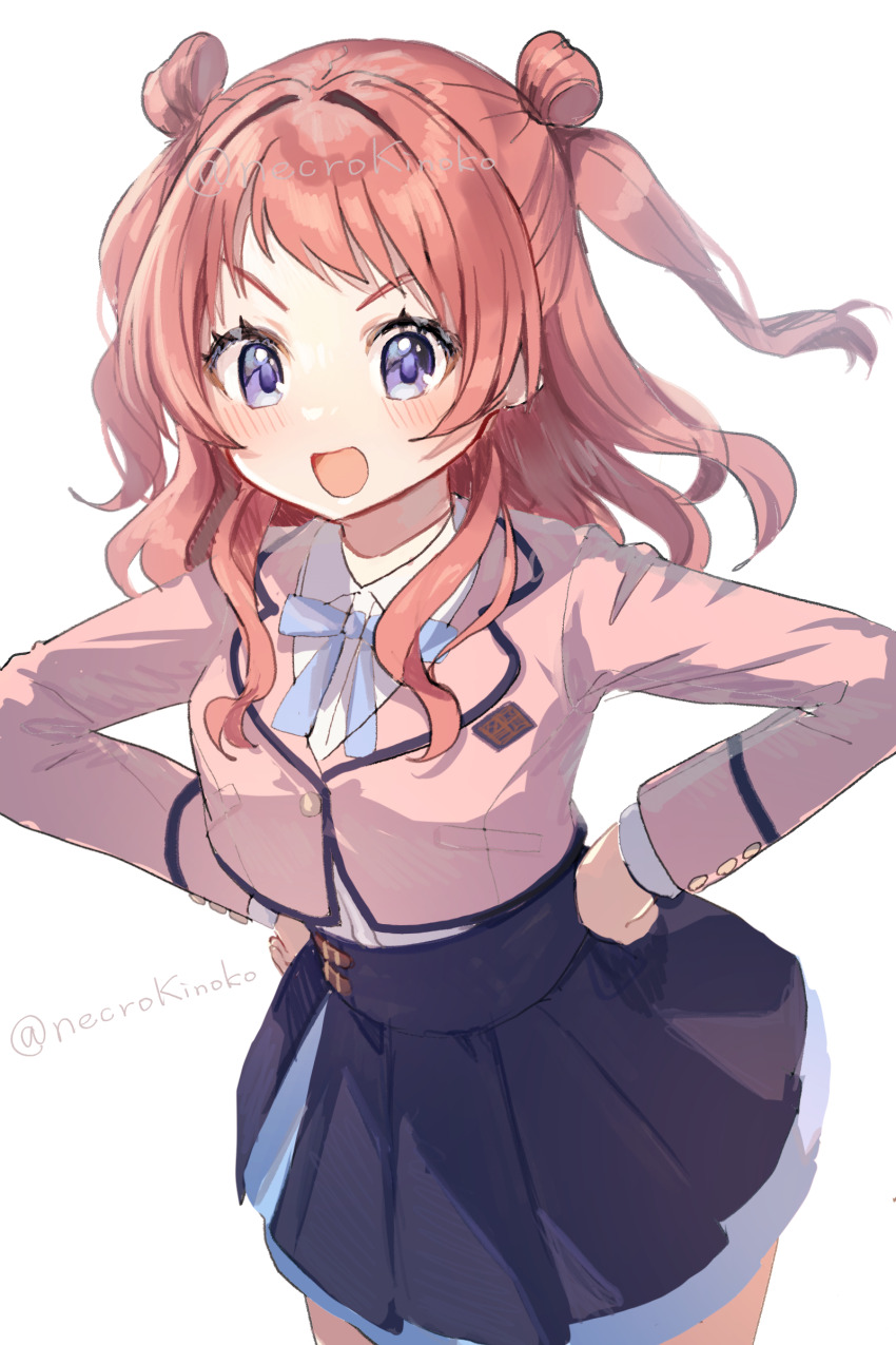 1girl, absurdres, blue_bow, blue_skirt, blush, bow, breasts, commentary_request