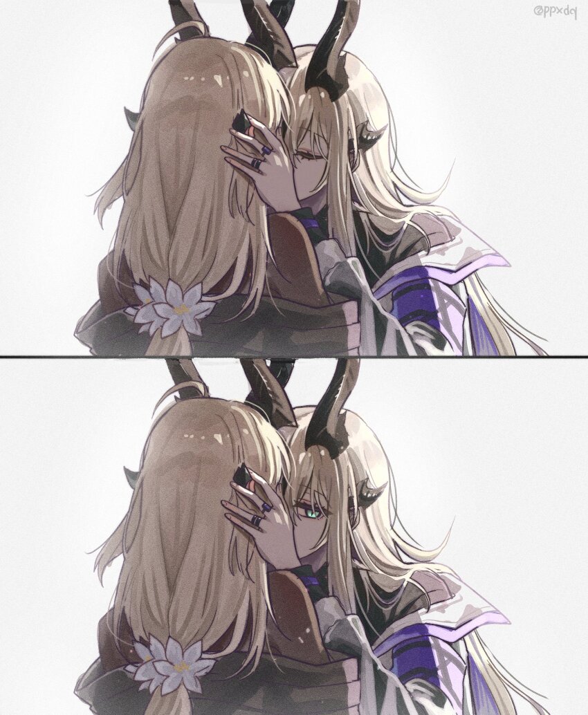 2girls, arknights, aura, black_shirt, blonde_hair, closed_eyes, green_eyes, highres