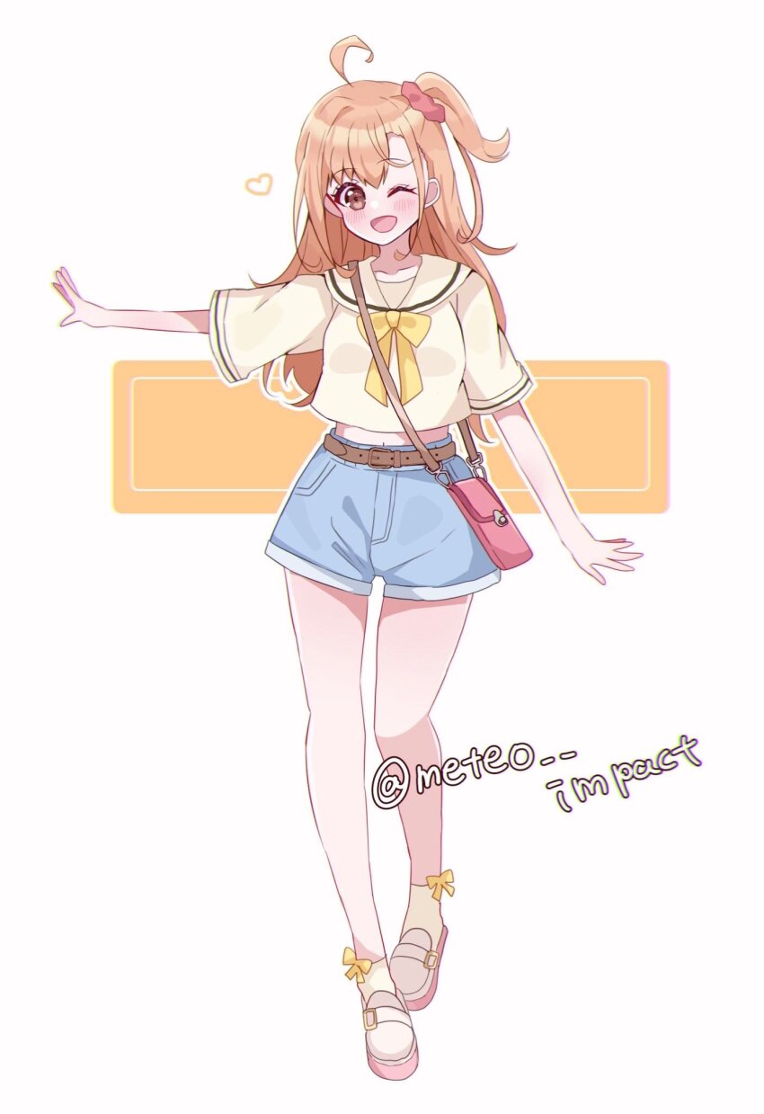 1girl, ;d, ahoge, alternate_sleeve_length, ametan_(meteo_impact), bag, blue_shorts, bow