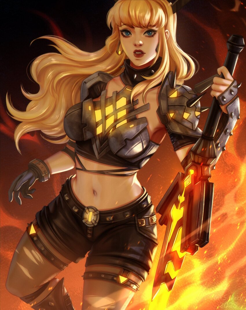 1girl, armor, black_gloves, blonde_hair, blue_eyes, breasts, cleavage, cleavage_cutout