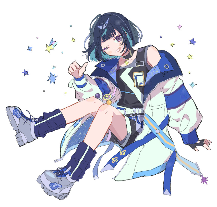 1boy, ;d, absurdres, aqua_hair, belt, black_hair, black_shirt, black_shorts, blue_trim, blunt_ends, choker, coat, colored_inner_hair, dot_nose, ensemble_stars!, fingerless_gloves, full_body, gloves, grey_shoes, grin, hand_up, happy, highres, invisible_chair, looking_at_viewer, male_focus, multicolored_hair, official_alternate_costume, one_eye_closed, open_clothes, open_coat, open_mouth, pointing, pointing_at_self, pointing_with_thumb, purple_eyes, sagiri_esu, shirt, shoes, shorts, simple_background, single_glove, single_off_shoulder, sitting, smile, sneakers, solo, special_for_princess!_(ensemble_stars!), star_(symbol), streaked_hair, trap, unfinished, uta_(utamilk), white_background, white_belt, white_coat, zipper, zipper_pull_tab