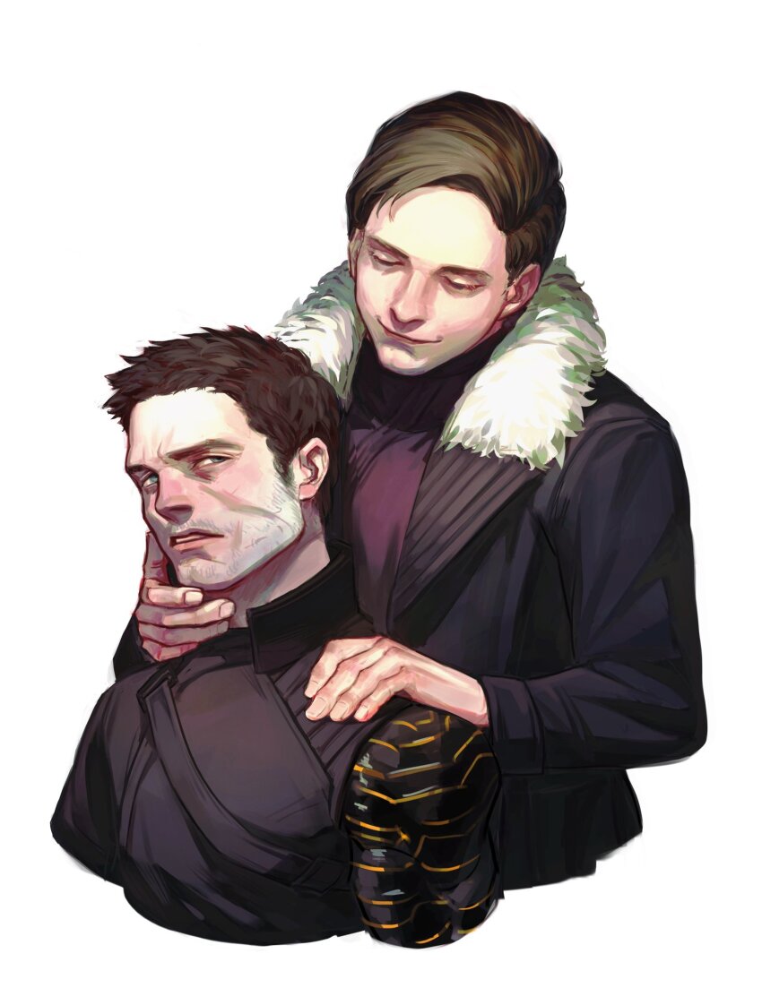 2boys, baron_zemo, black_coat, black_jacket, blue_eyes, brown_hair, bucky_barnes, captain_america_(series)