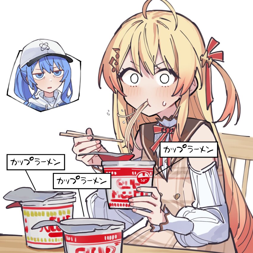 2girls, ahoge, alternate_costume, blonde_hair, blue_eyes, blue_hair, brown_dress, commentary_request