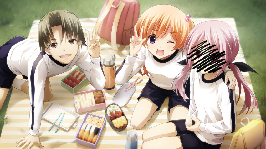 1boy, 2girls, aged_down, apple, arm_support, backpack, bag, beads, bento, black_bow, black_ribbon, blanket, blue_buruma, blush, bow, breasts, brown_eyes, buruma, censored, chaos;child, chopsticks, double-parted_bangs, eating, embarrassed, face_censor, flat_chest, food, food_art, fruit, game_cg, grass, green_hair, gym_uniform, hair_beads, hair_between_eyes, hair_ornament, hair_ribbon, happy, highres, holding, holding_food, kawahara_masashi, kneehighs, kneeling, kurusu_nono, light_blush, long_hair, minamisawa_senri, multiple_girls, official_art, omelet, on_blanket, one_eye_closed, onigiri, open_mouth, orange_hair, outdoors, picnic, picnic_blanket, pink_bag, pink_hair, plate, red_eyes, ribbon, sandwich, sasaki_mutsumi, sausage, science_adventure, scribble_censor, seiza, shirt, shorts, shy, sitting, small_breasts, smile, socks, strawberry, striped_blanket, swept_bangs, tako-san_wiener, tamagoyaki, thermos, thick_thighs, thighs, tongue, twintails, v, wariza, white_shirt, white_socks, yellow_bag