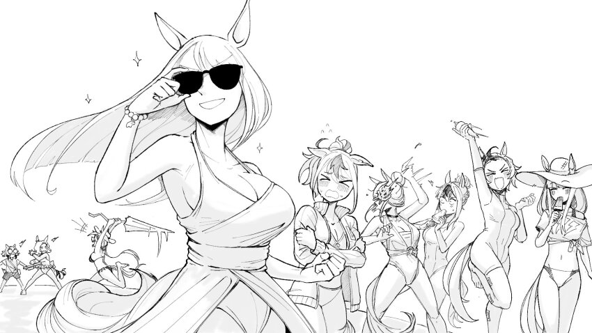 6+girls, animal_ears, back_bow, bandaid, bandaid_on_leg, bead_bracelet, beads, bikini