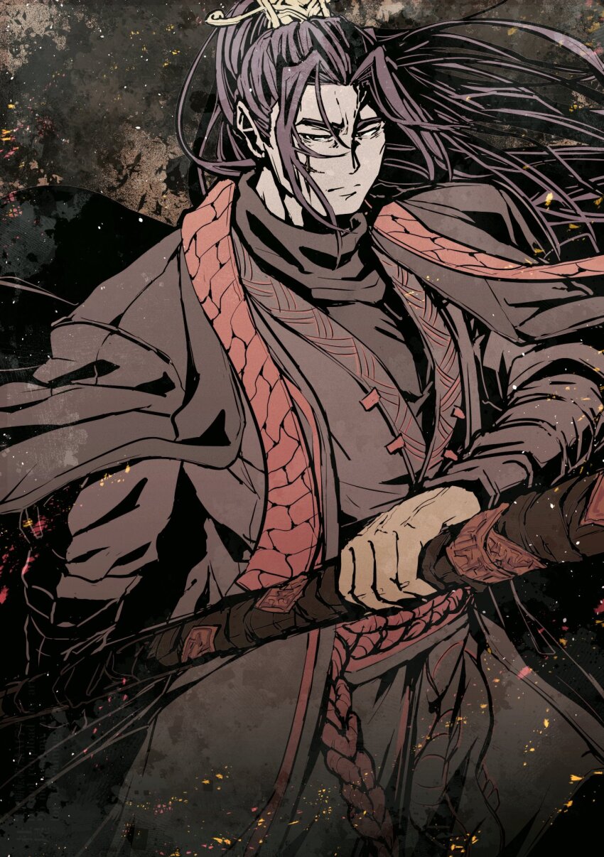 1boy, black_eyes, black_hair, black_hanfu, black_sash, chinese_clothes, embers, furrowed_brow