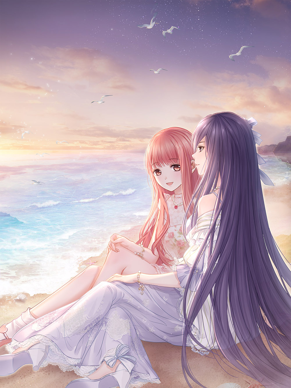 2girls, artist_request, bare_shoulders, bead_bracelet, bead_necklace, beads, bird, bow