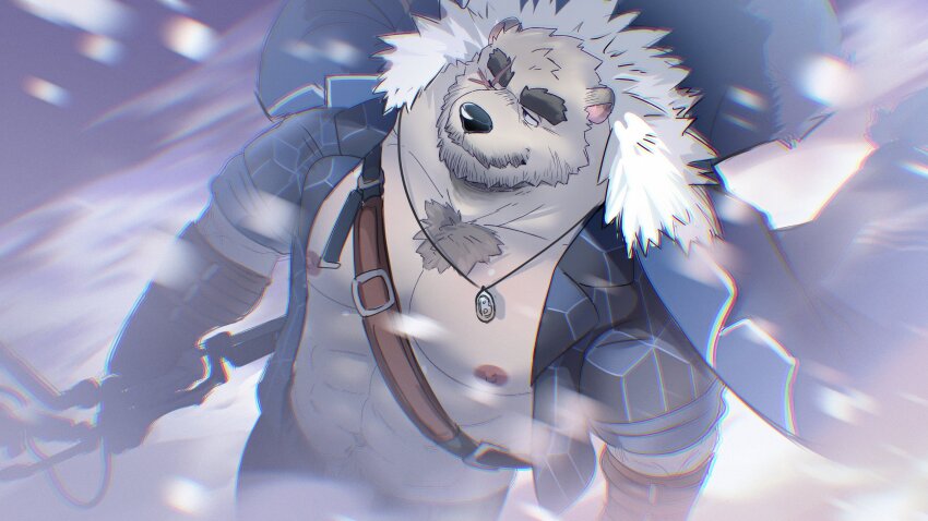 1boy, abs, animal_ears, another_eidos-r, bara, bear_boy, bear_ears, blizzard, brown_gloves, chest_hair, closed_mouth, commentary, cross_scar, english_commentary, facial_scar, fur-trimmed_jacket, fur_trim, furry, furry_male, gloves, highres, holding, holding_staff, jacket, jacket_on_shoulders, jewelry, male_focus, muscular, muscular_male, navel, necklace, nipples, open_clothes, open_jacket, open_shirt, pectorals, poncho_(boarpunch), scar, scar_across_eye, scar_on_cheek, scar_on_face, sigvaldi_(another_eidos), snow, snowing, staff