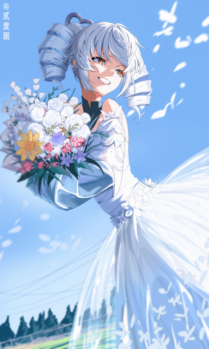 1girl, absurdres, blue_sky, bouquet, detached_sleeves, dress, drill_hair, er_du_mian