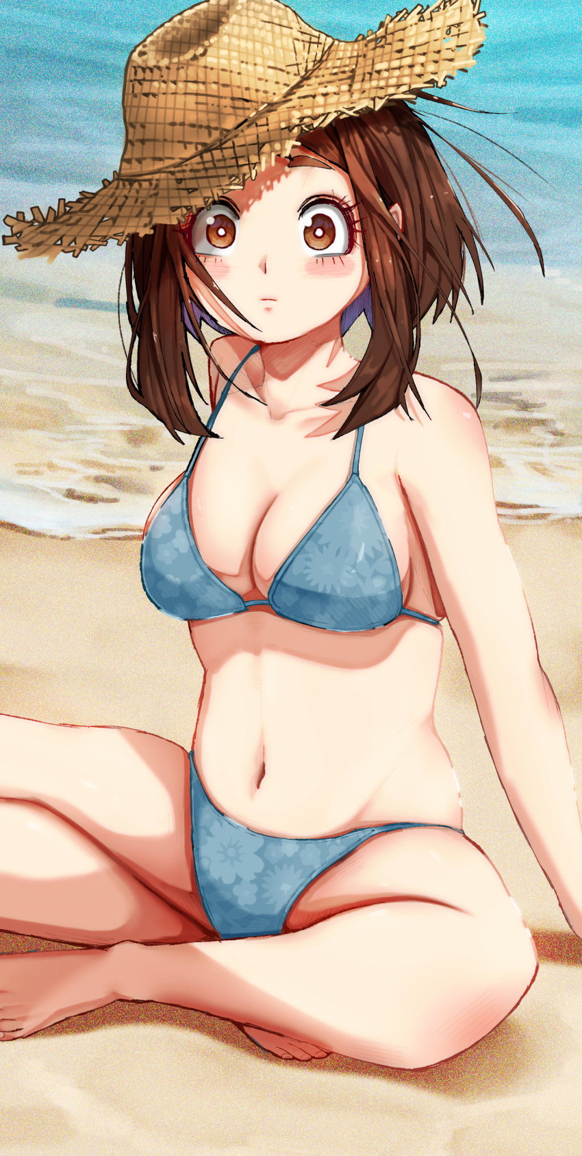 1girl, absurdres, barefoot, beach, bikini, blue_bikini, boku_no_hero_academia, breasts