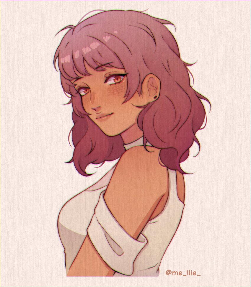 1girl, ahoge, bare_shoulders, blush, brown_background, brown_hair, chromatic_aberration, closed_mouth