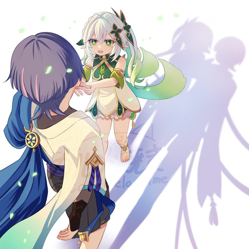 1boy, 1girl, anklet, armlet, armor, black_bodysuit, black_bridal_gauntlets, black_shorts