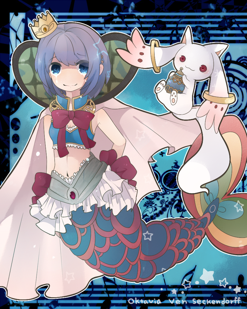 10s, 1girl, :3, arufa, bare_shoulders, blue_eyes, blue_hair, bow, cape, crown, komeda_arufa, kyubey, mahou_shoujo_madoka_magica, mahou_shoujo_madoka_magica_(anime), mermaid, midriff, miki_sayaka, miki_sayaka_(magical_girl), monster_girl, musical_note, oktavia_von_seckendorff, short_hair, soul_gem, split_theme, spoilers, star_(symbol), tears